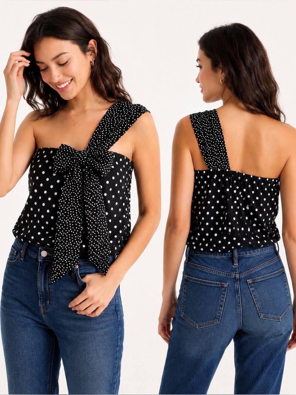 J. Crew Silk Black White Polka Dot One Shoulder Bow Top Blouse Size 14 G7678